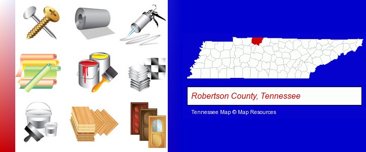 representative building materials; Robertson County, Tennessee highlighted in red on a map