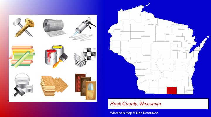 representative building materials; Rock County, Wisconsin highlighted in red on a map