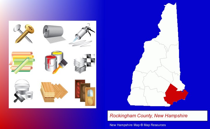 representative building materials; Rockingham County, New Hampshire highlighted in red on a map
