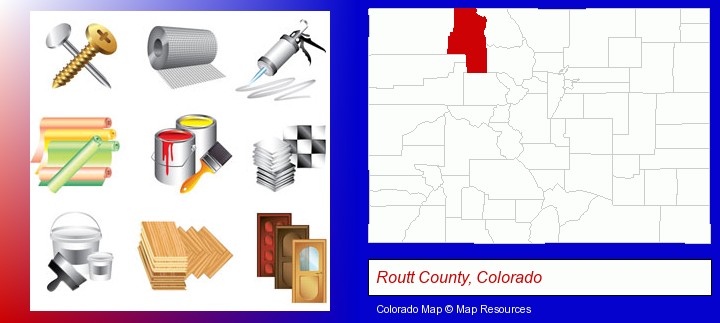 representative building materials; Routt County, Colorado highlighted in red on a map