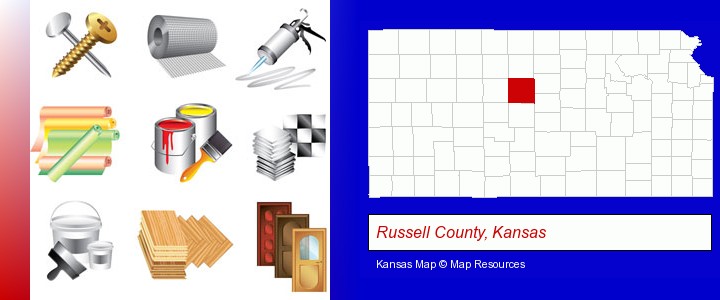 representative building materials; Russell County, Kansas highlighted in red on a map