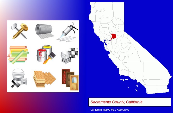 representative building materials; Sacramento County, California highlighted in red on a map