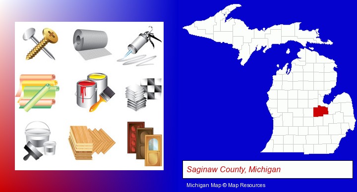 representative building materials; Saginaw County, Michigan highlighted in red on a map