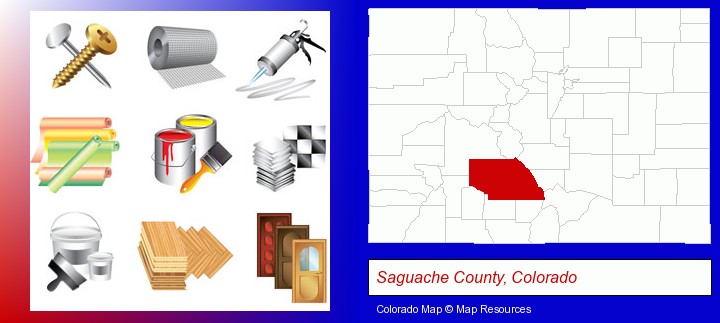 representative building materials; Saguache County, Colorado highlighted in red on a map