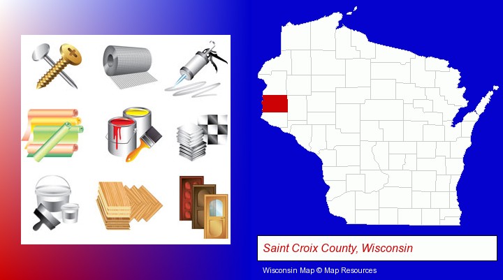 representative building materials; Saint Croix County, Wisconsin highlighted in red on a map