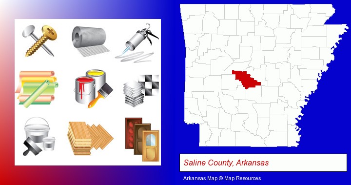 representative building materials; Saline County, Arkansas highlighted in red on a map