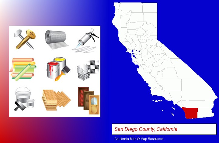 representative building materials; San Diego County, California highlighted in red on a map