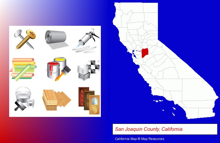 representative building materials; San Joaquin County, California highlighted in red on a map