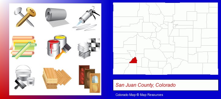 representative building materials; San Juan County, Colorado highlighted in red on a map