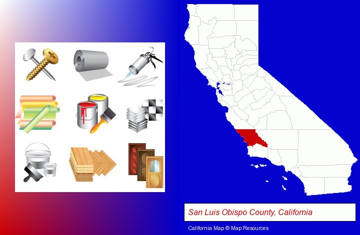 representative building materials; San Luis Obispo County, California highlighted in red on a map