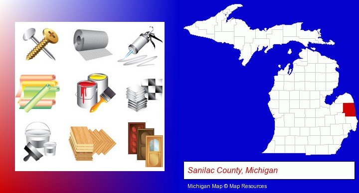 representative building materials; Sanilac County, Michigan highlighted in red on a map