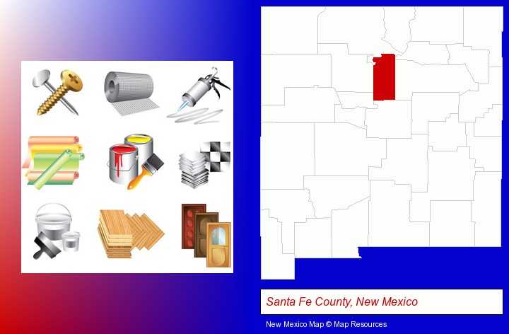representative building materials; Santa Fe County, New Mexico highlighted in red on a map