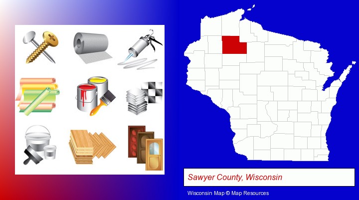representative building materials; Sawyer County, Wisconsin highlighted in red on a map