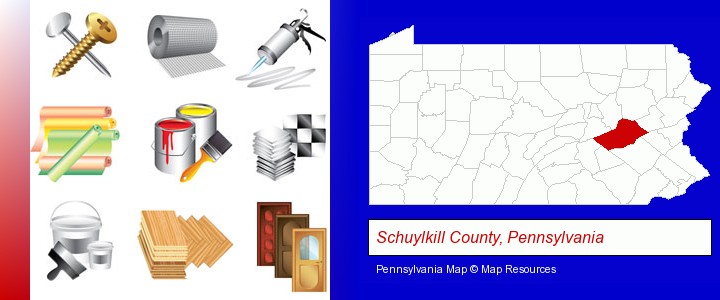 representative building materials; Schuylkill County, Pennsylvania highlighted in red on a map