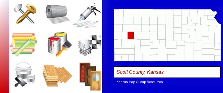 representative building materials; Scott County, Kansas highlighted in red on a map