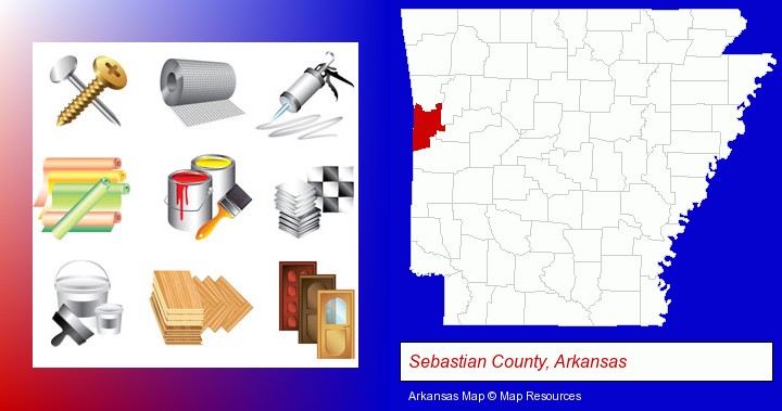 representative building materials; Sebastian County, Arkansas highlighted in red on a map