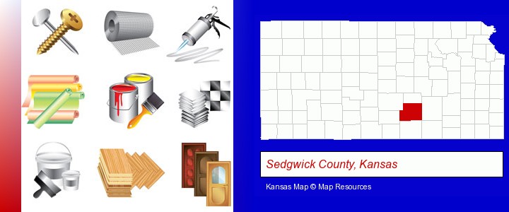 representative building materials; Sedgwick County, Kansas highlighted in red on a map