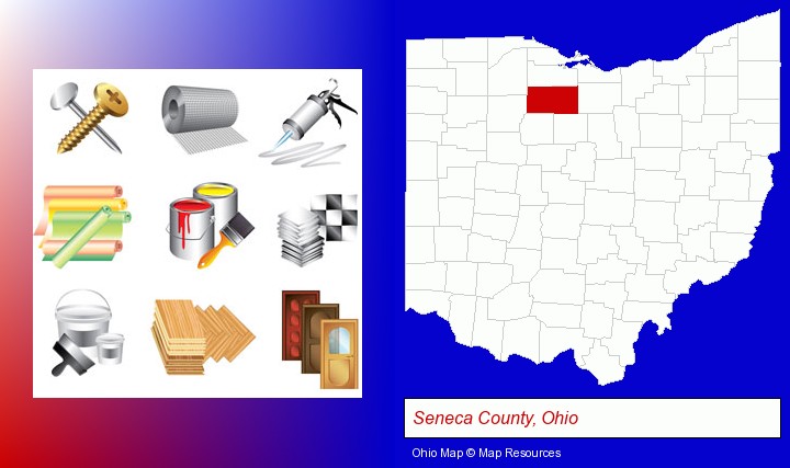 representative building materials; Seneca County, Ohio highlighted in red on a map
