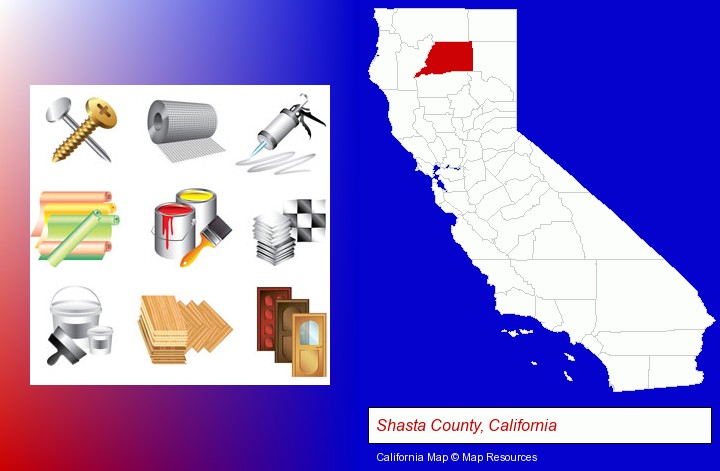 representative building materials; Shasta County, California highlighted in red on a map