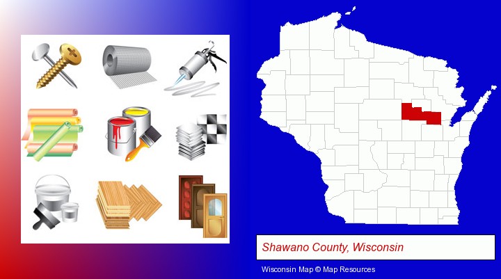 representative building materials; Shawano County, Wisconsin highlighted in red on a map