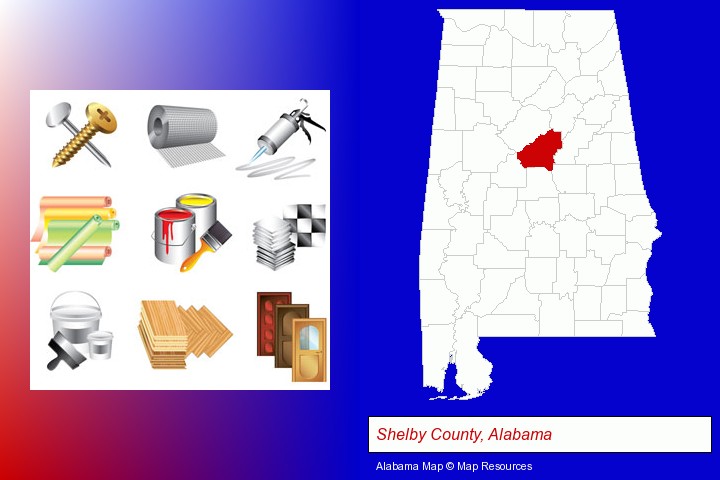 representative building materials; Shelby County, Alabama highlighted in red on a map