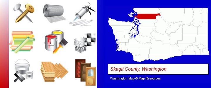 representative building materials; Skagit County, Washington highlighted in red on a map