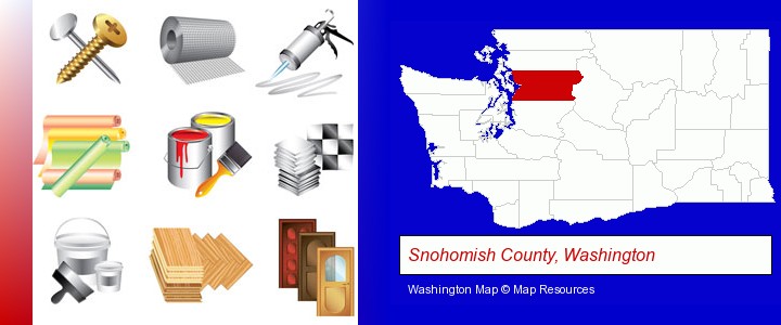 representative building materials; Snohomish County, Washington highlighted in red on a map