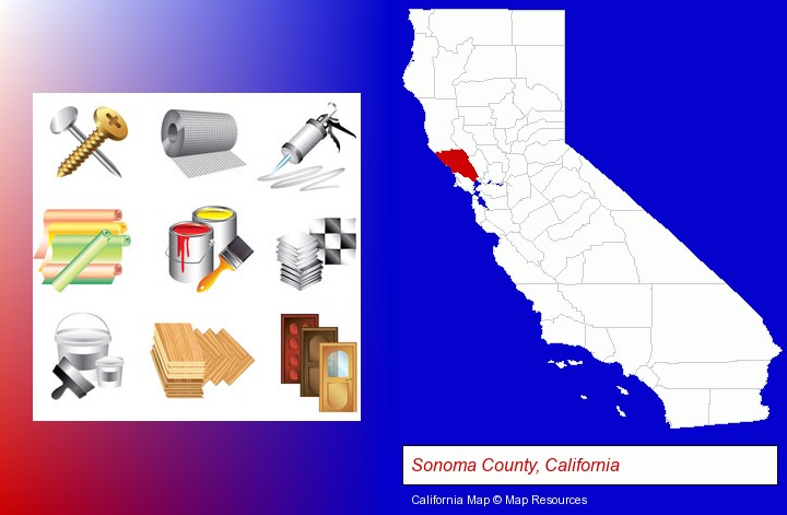 representative building materials; Sonoma County, California highlighted in red on a map