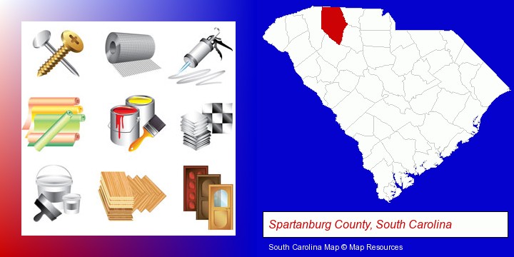 representative building materials; Spartanburg County, South Carolina highlighted in red on a map
