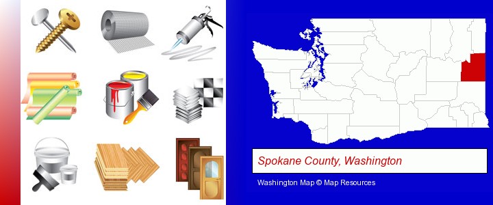 representative building materials; Spokane County, Washington highlighted in red on a map