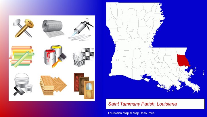 representative building materials; Saint Tammany Parish, Louisiana highlighted in red on a map