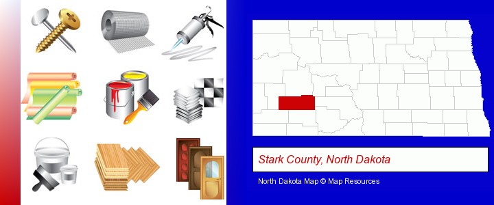 representative building materials; Stark County, North Dakota highlighted in red on a map