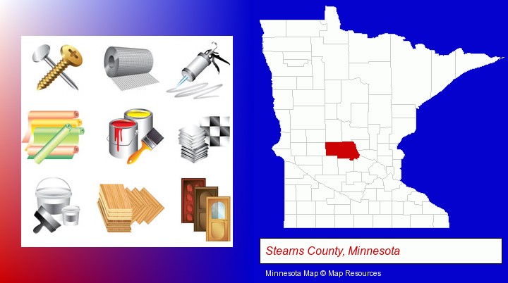 representative building materials; Stearns County, Minnesota highlighted in red on a map
