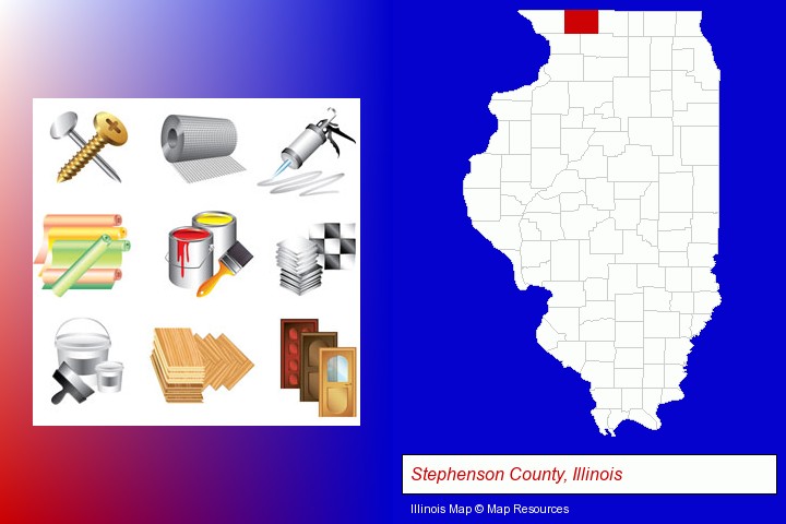 representative building materials; Stephenson County, Illinois highlighted in red on a map