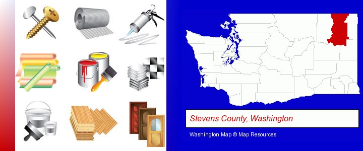 representative building materials; Stevens County, Washington highlighted in red on a map