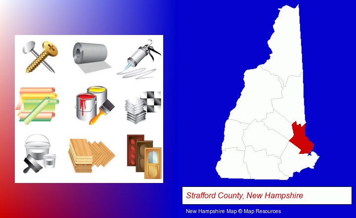 representative building materials; Strafford County, New Hampshire highlighted in red on a map