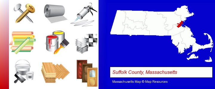 representative building materials; Suffolk County, Massachusetts highlighted in red on a map