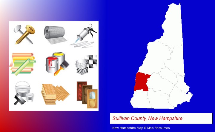 representative building materials; Sullivan County, New Hampshire highlighted in red on a map