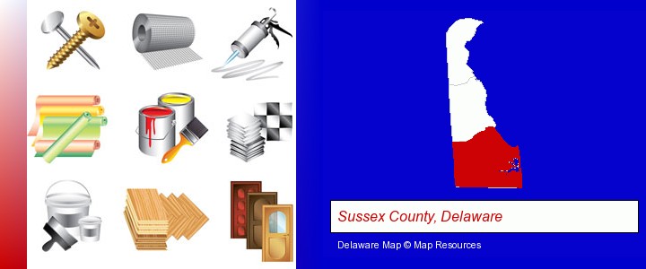 representative building materials; Sussex County, Delaware highlighted in red on a map