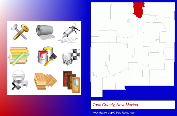 representative building materials; Taos County, New Mexico highlighted in red on a map
