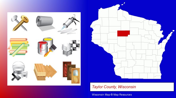 representative building materials; Taylor County, Wisconsin highlighted in red on a map