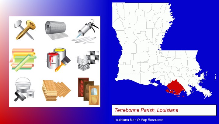representative building materials; Terrebonne Parish, Louisiana highlighted in red on a map