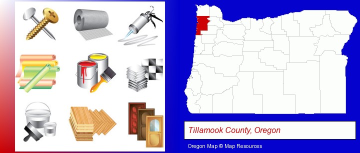 representative building materials; Tillamook County, Oregon highlighted in red on a map