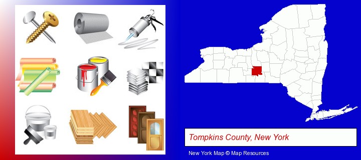representative building materials; Tompkins County, New York highlighted in red on a map