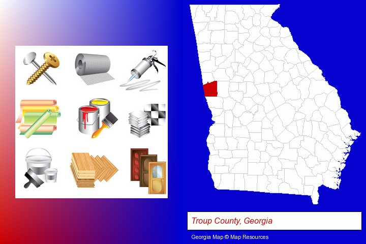 representative building materials; Troup County, Georgia highlighted in red on a map