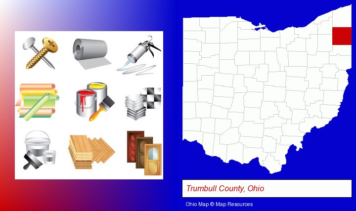 representative building materials; Trumbull County, Ohio highlighted in red on a map