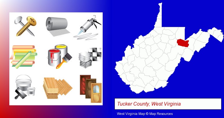 representative building materials; Tucker County, West Virginia highlighted in red on a map