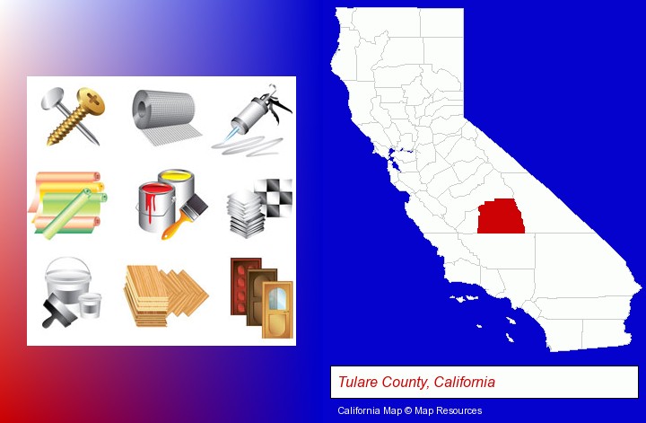 representative building materials; Tulare County, California highlighted in red on a map
