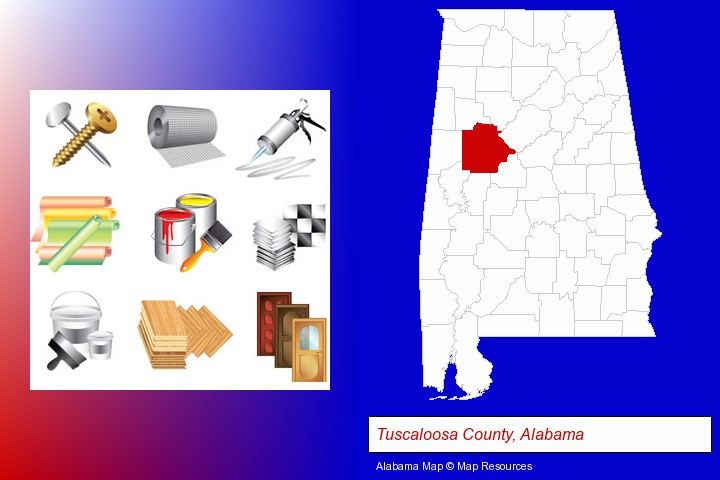 representative building materials; Tuscaloosa County, Alabama highlighted in red on a map