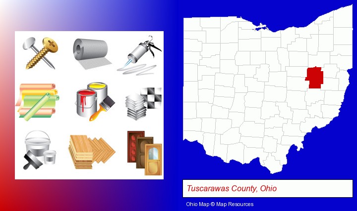 representative building materials; Tuscarawas County, Ohio highlighted in red on a map